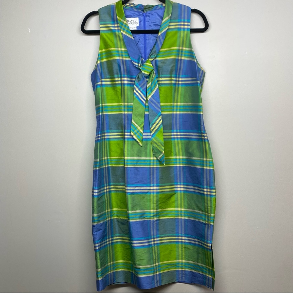 100% Silk David Warren New York Lined Gingham Plaid Sleeveless Dress - Size 8
